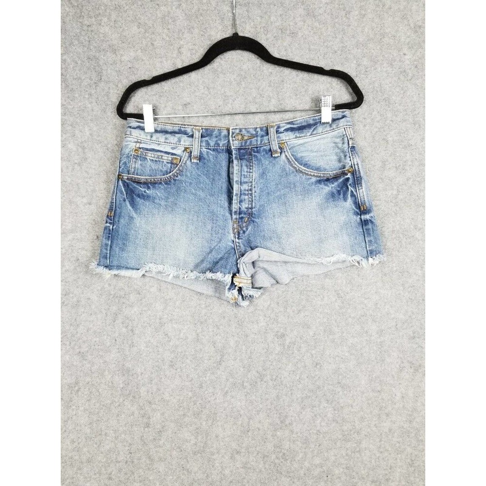 Free People Shorts Women size 30 Mid Rise Blue Distressed Raw Hem Denim Shorts